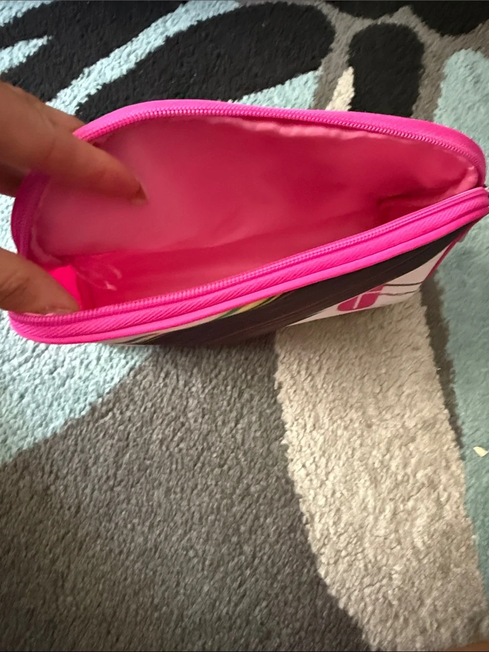 Clinique White Cosmetic Pouch with Hot Pink Trim and Multicolor Print